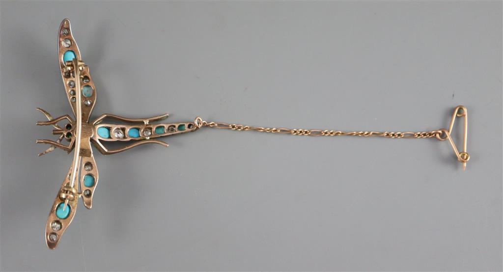 A Victorian gold and silver, turquoise, diamond and pearl set dragonfly brooch,